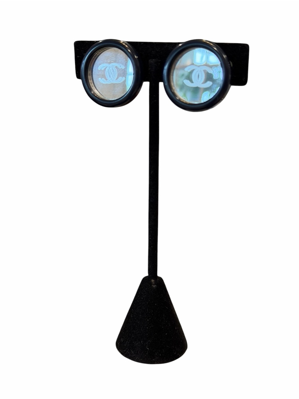 CHANEL Vintage Mirror CC Round Clip Earrings - Black Trim